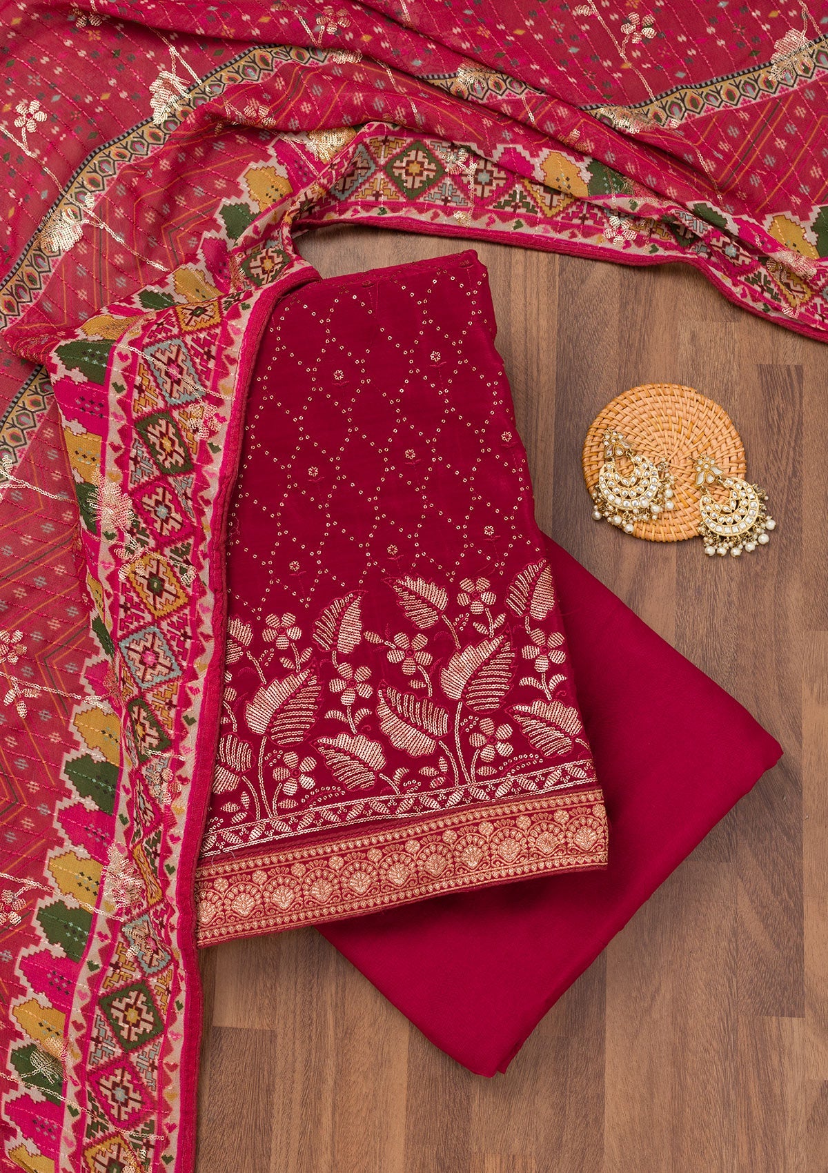Maroon Zariwork Semi Crepe Unstitched Salwar Suit