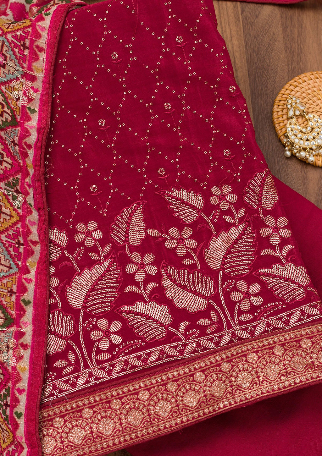 Maroon Zariwork Semi Crepe Unstitched Salwar Suit