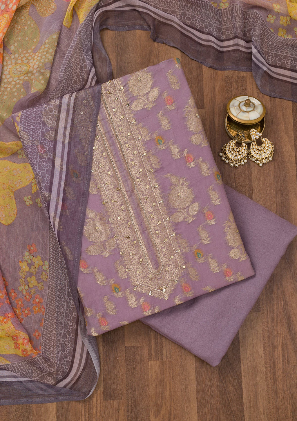 Mauve Cutdana Semi Crepe Unstitched Salwar Suit