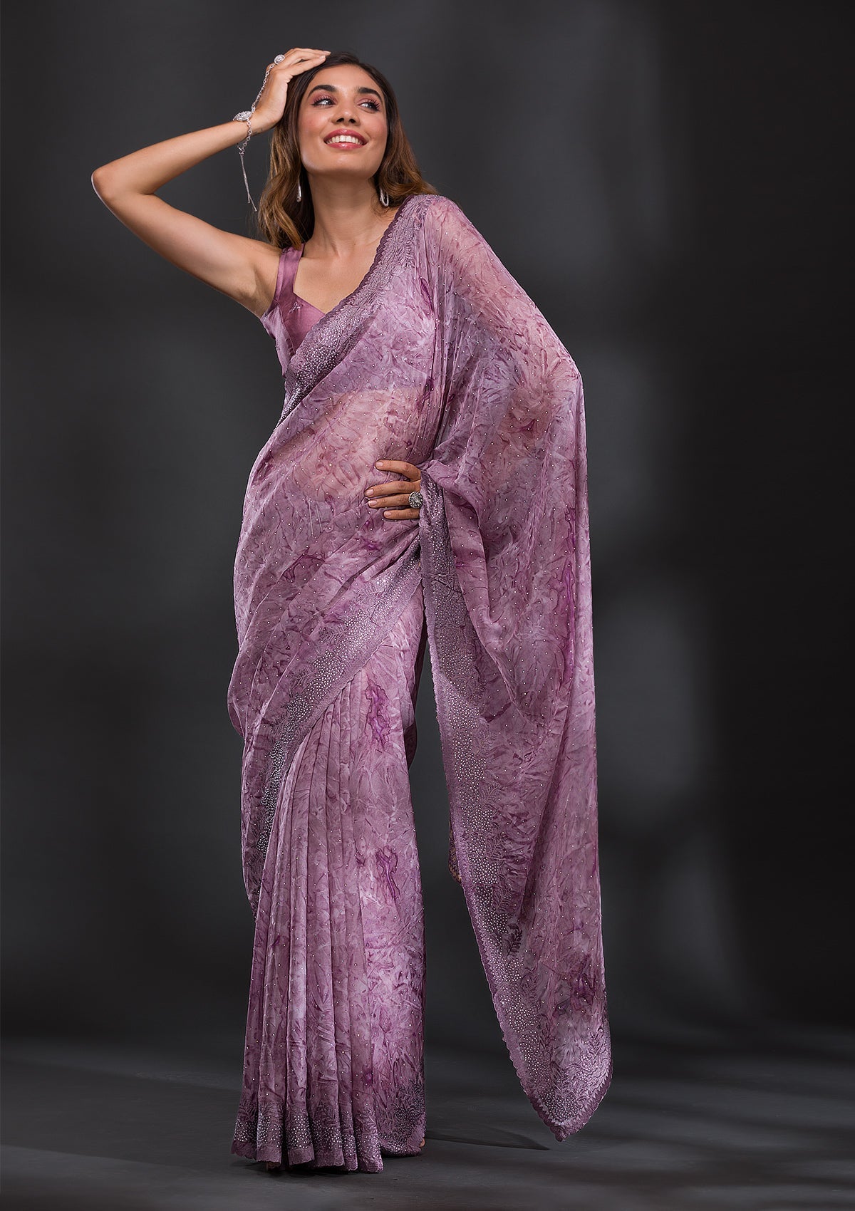 Mauve Printed Semi Crepe Saree