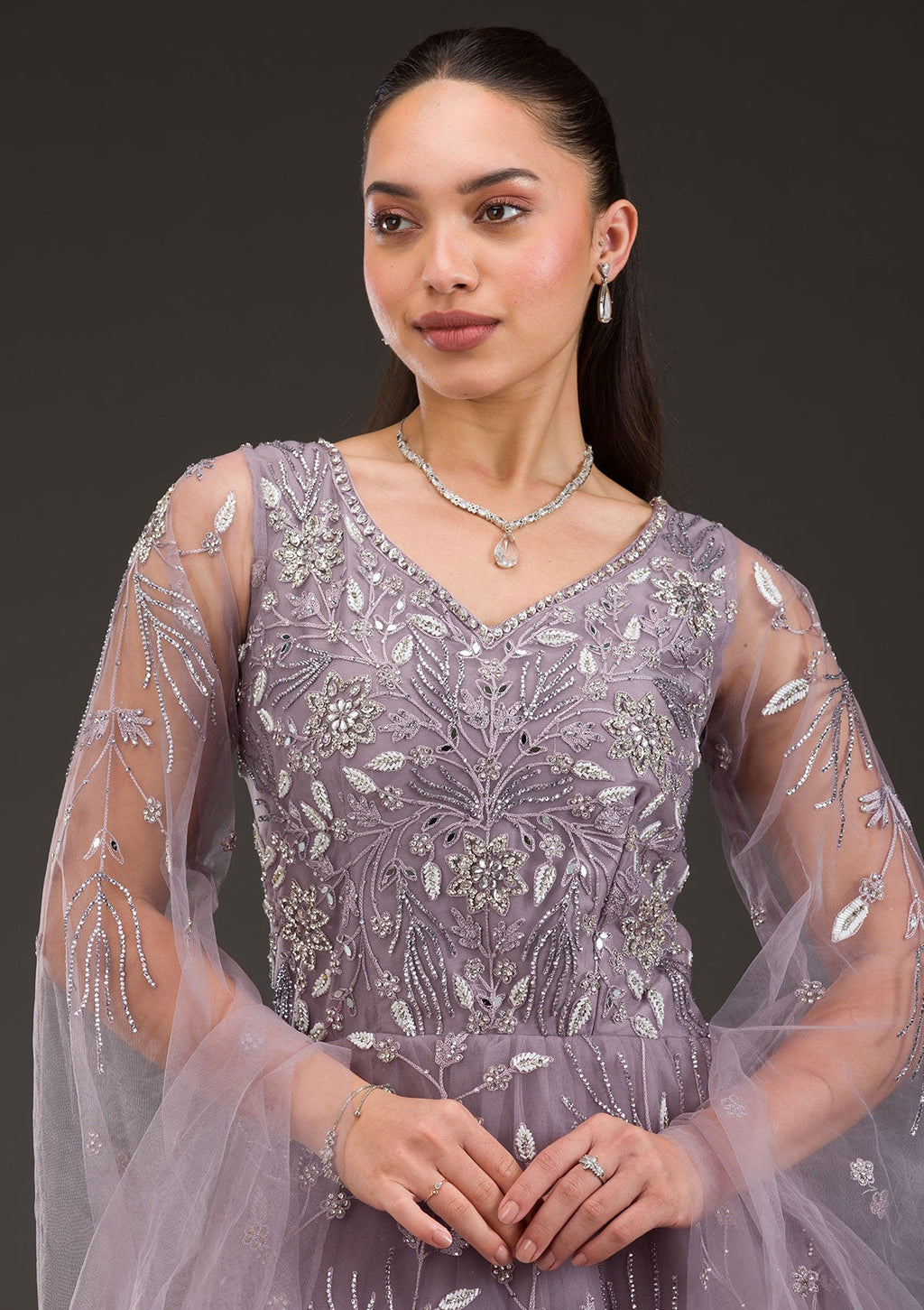 Mauve Silver Stonework Net Gown
