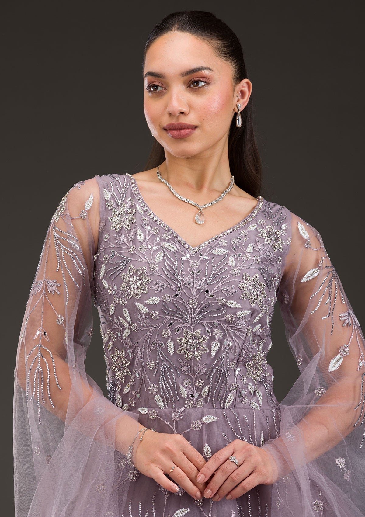Mauve Silver Stonework Net Gown