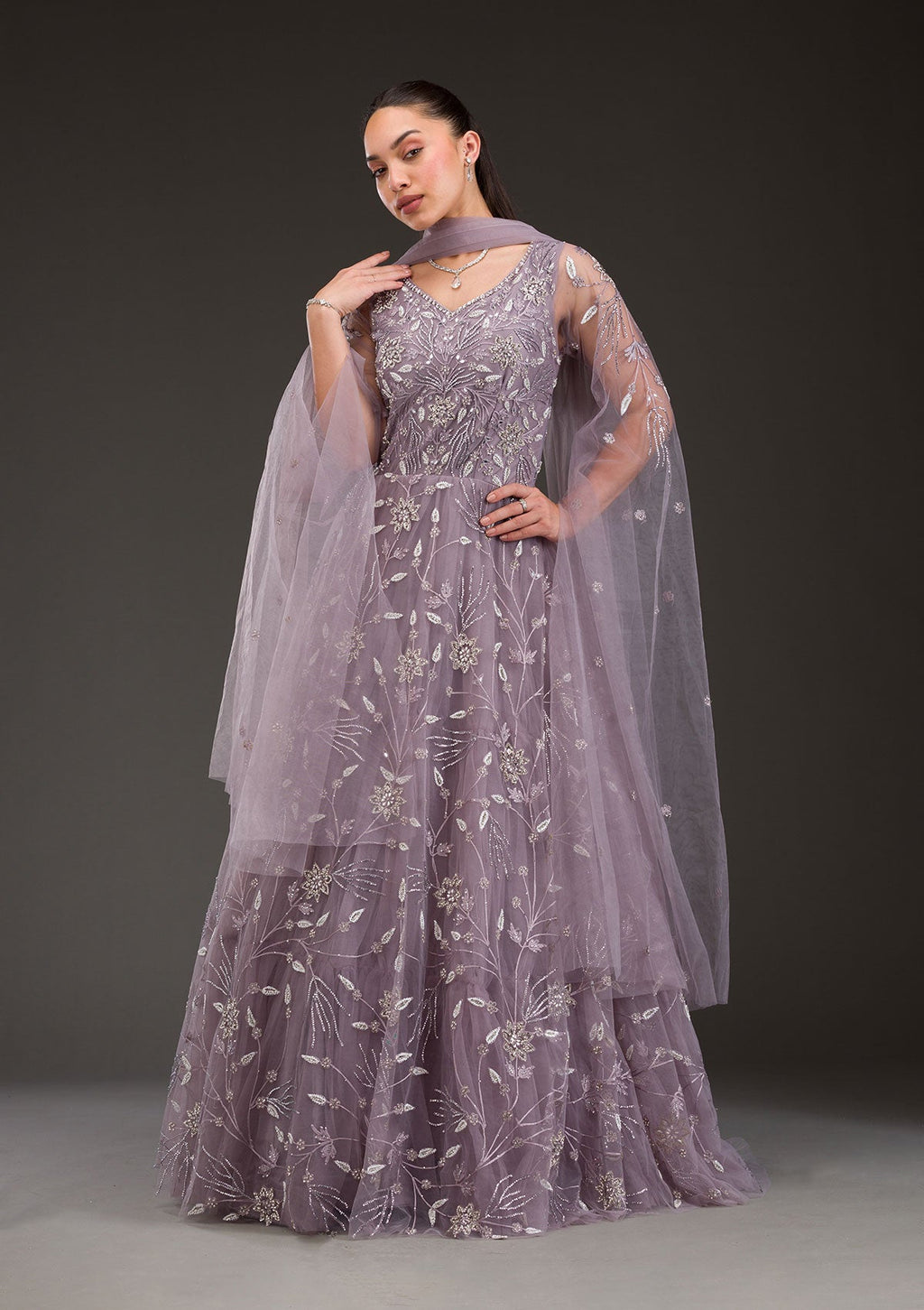 Mauve Silver Stonework Net Gown