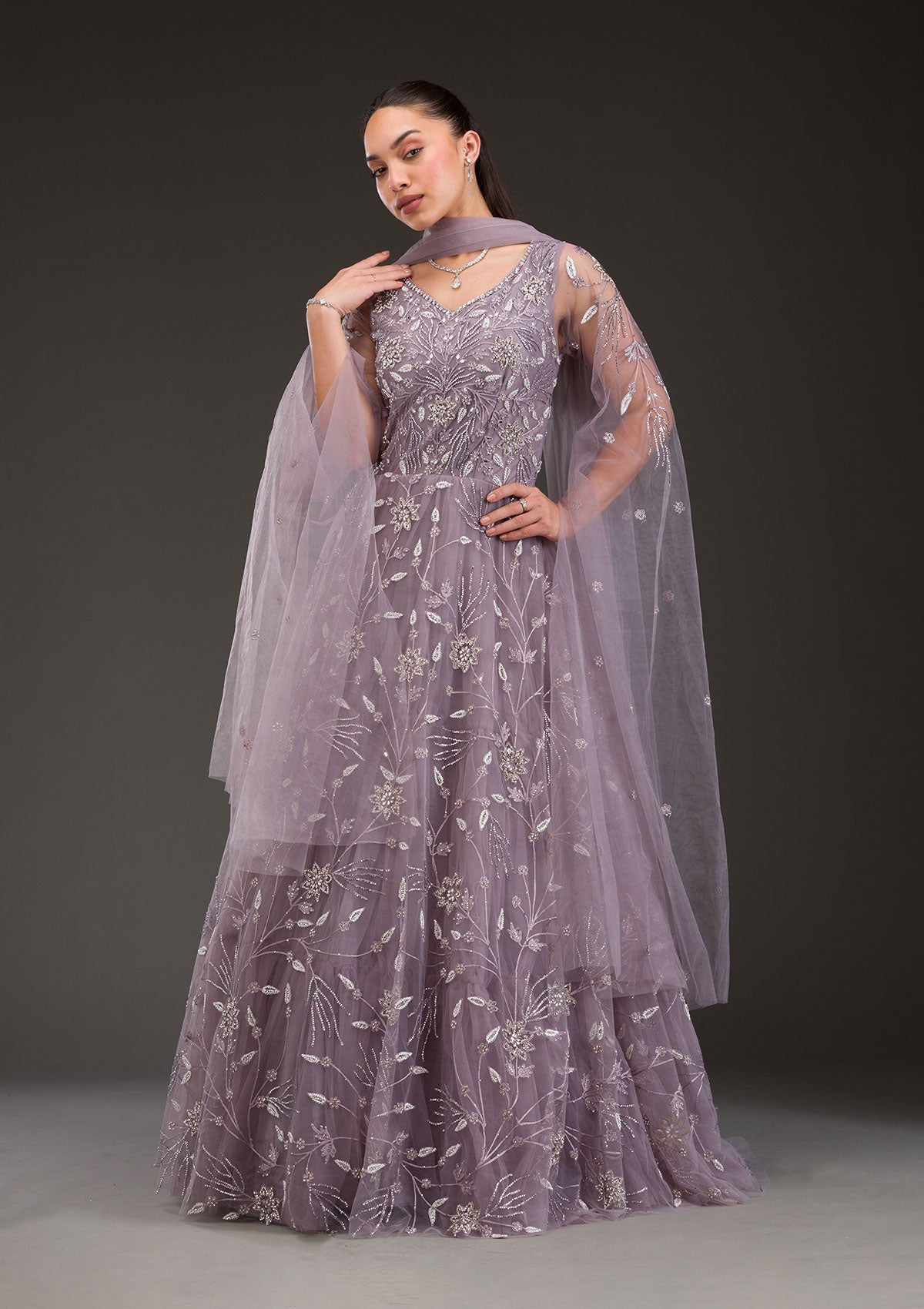 Mauve Silver Stonework Net Gown
