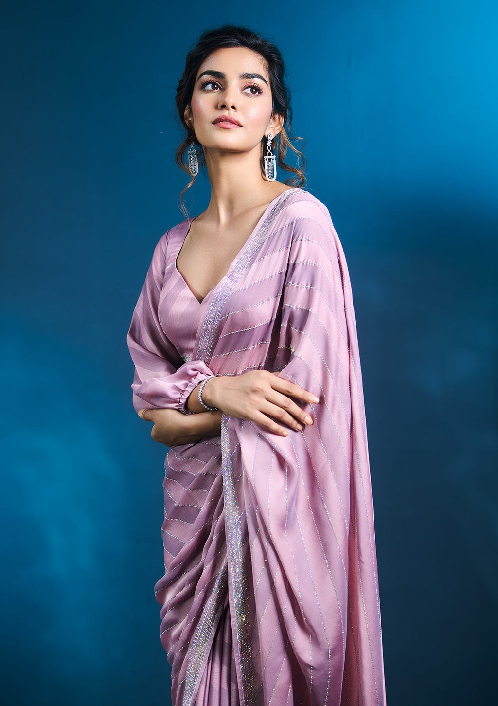 Lavender Swarovski Satin Saree