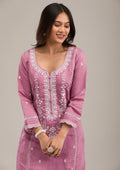 Mauve Threadwork Cotton Readymade Salwar Suit