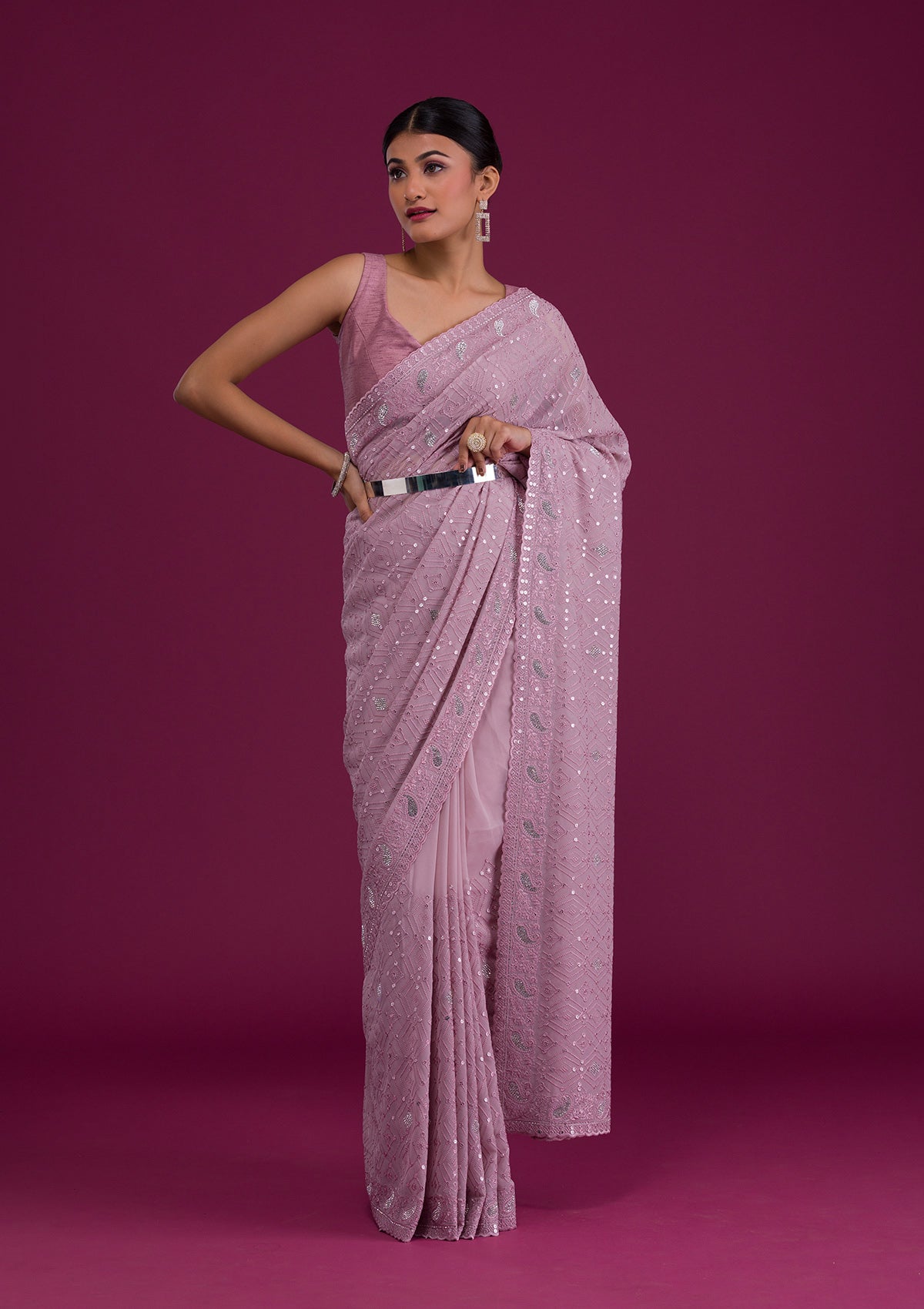 Mauve Threadwork Georgette Designer Saree