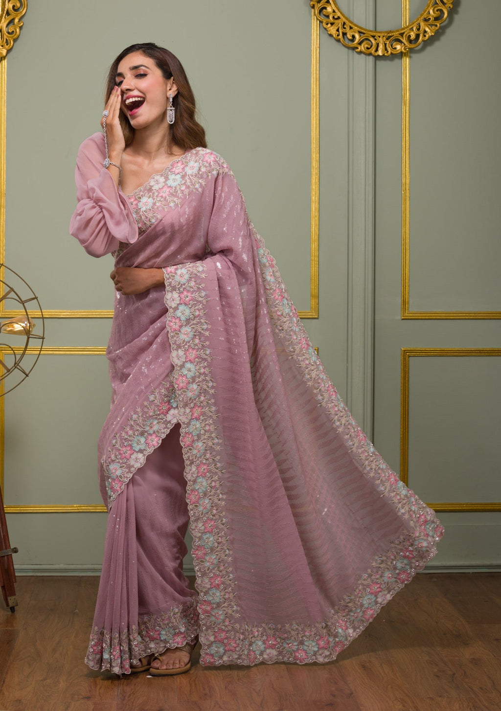 Mauve Threadwork Georgette Designer Saree