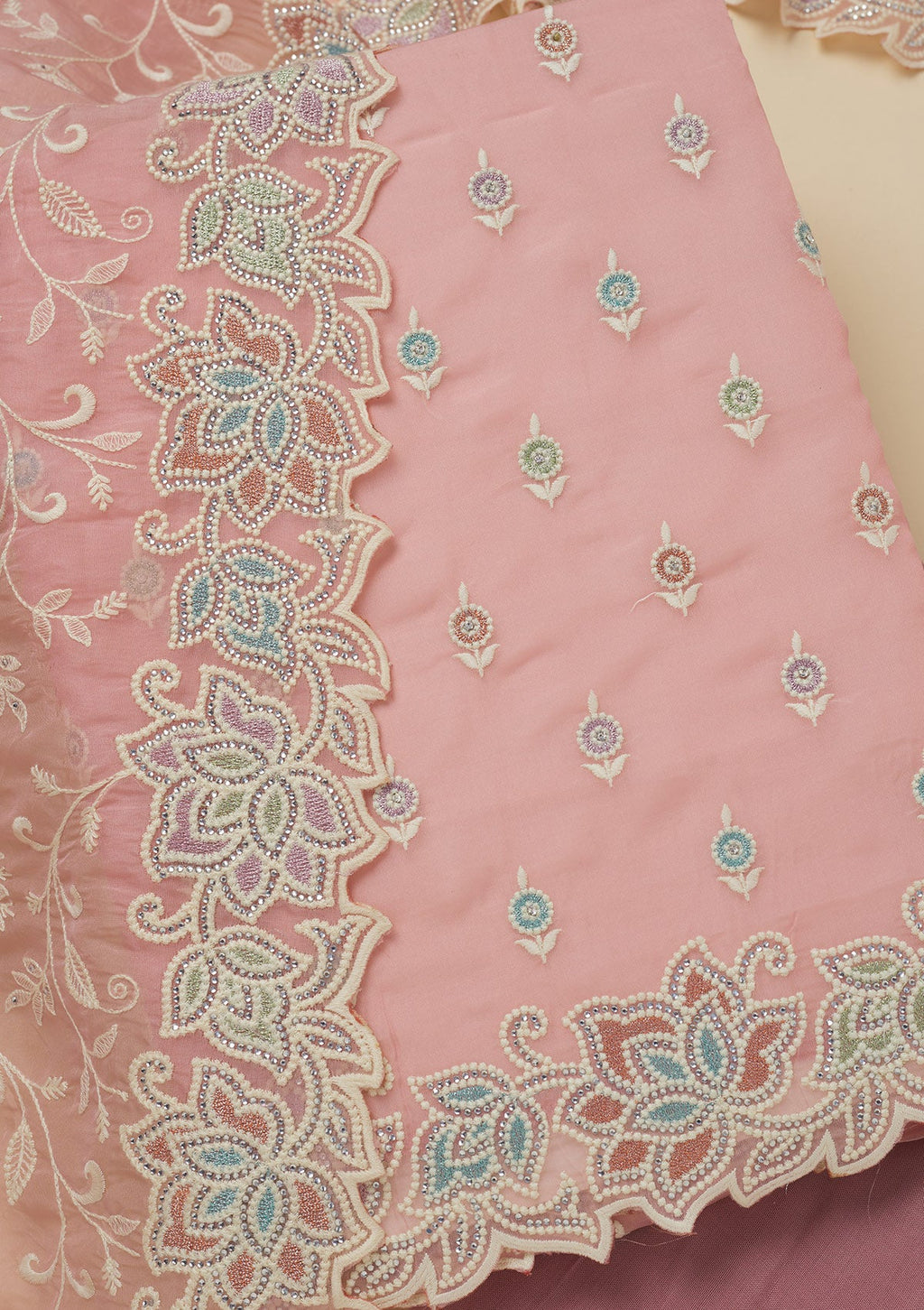 Pink Threadwork Organza Unstitched Salwar Suit