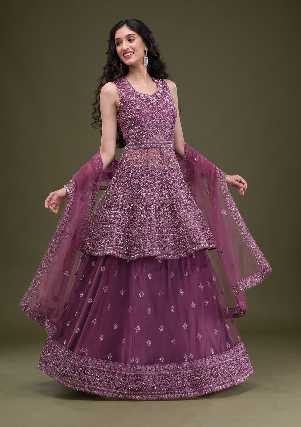 Mauve Zariwork Net Readymade Salwar Suit