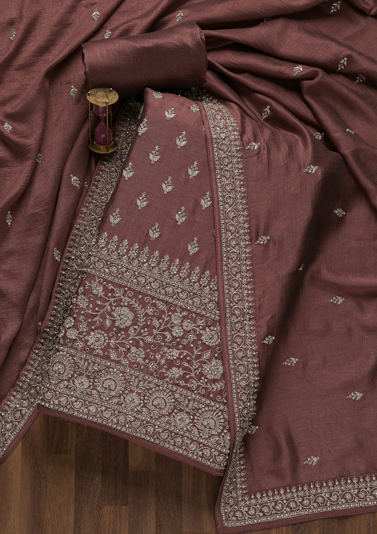 Mauve Zariwork Raw Silk Unstitched Salwar Suit