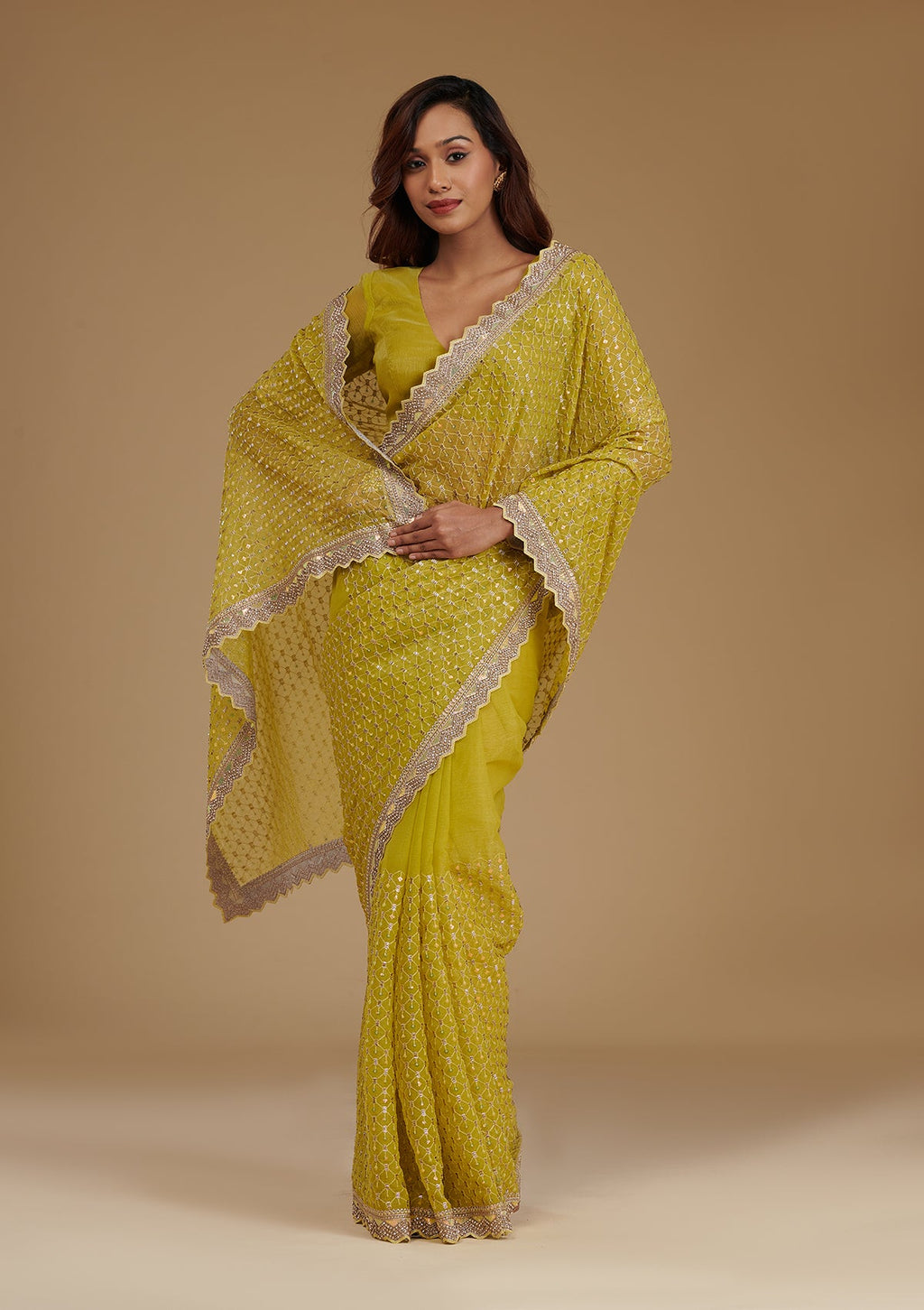 Mehendi Cutdana Chiffon Saree