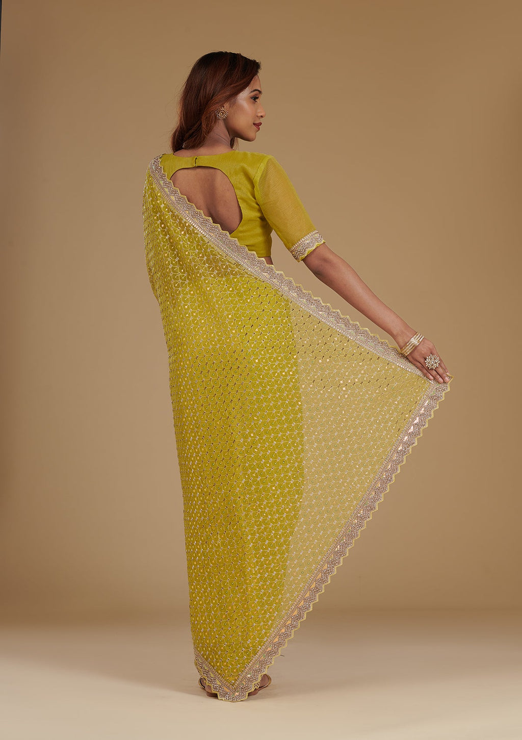 Mehendi Cutdana Chiffon Saree