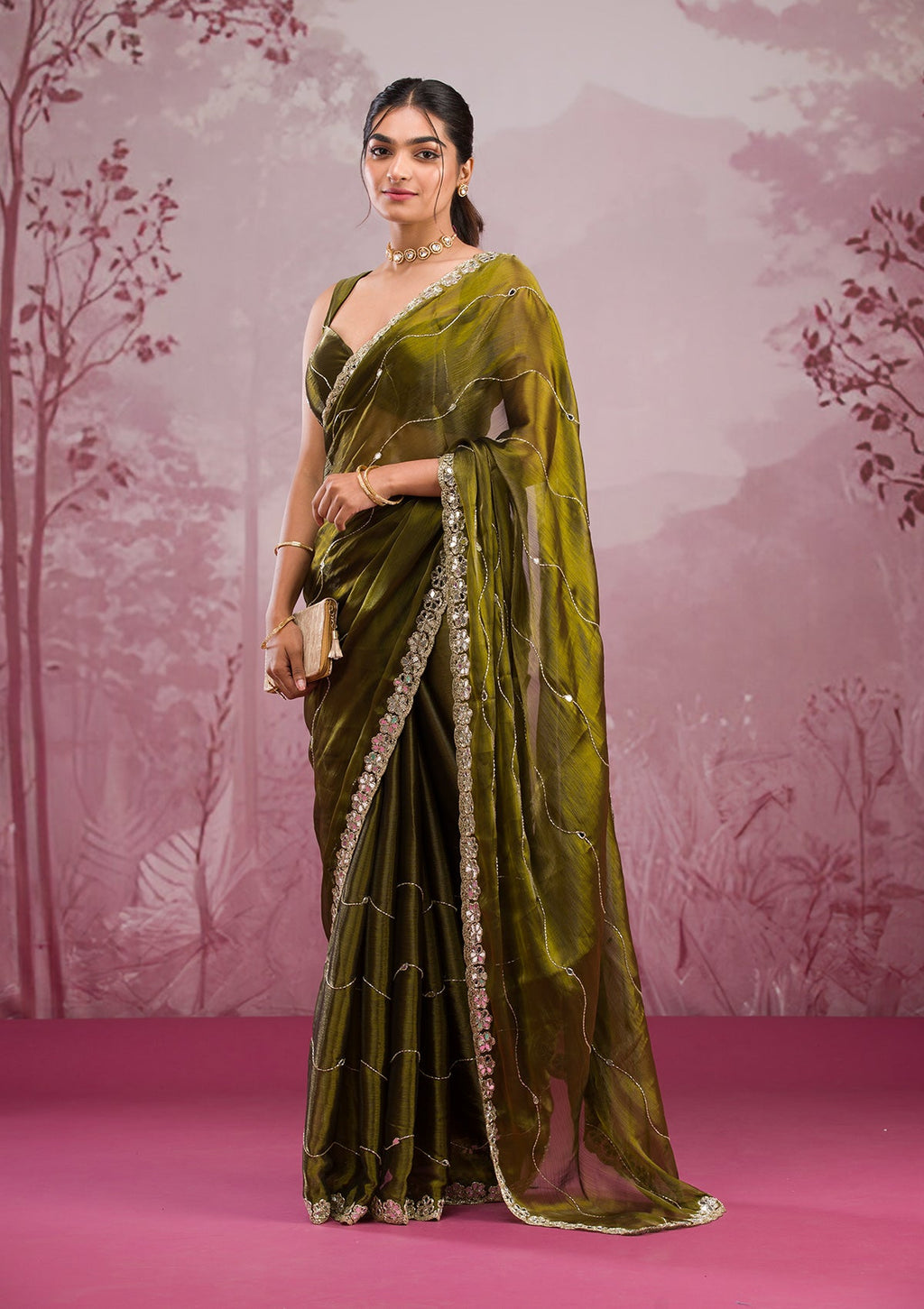 Mehendi Mirrorwork Organza Saree