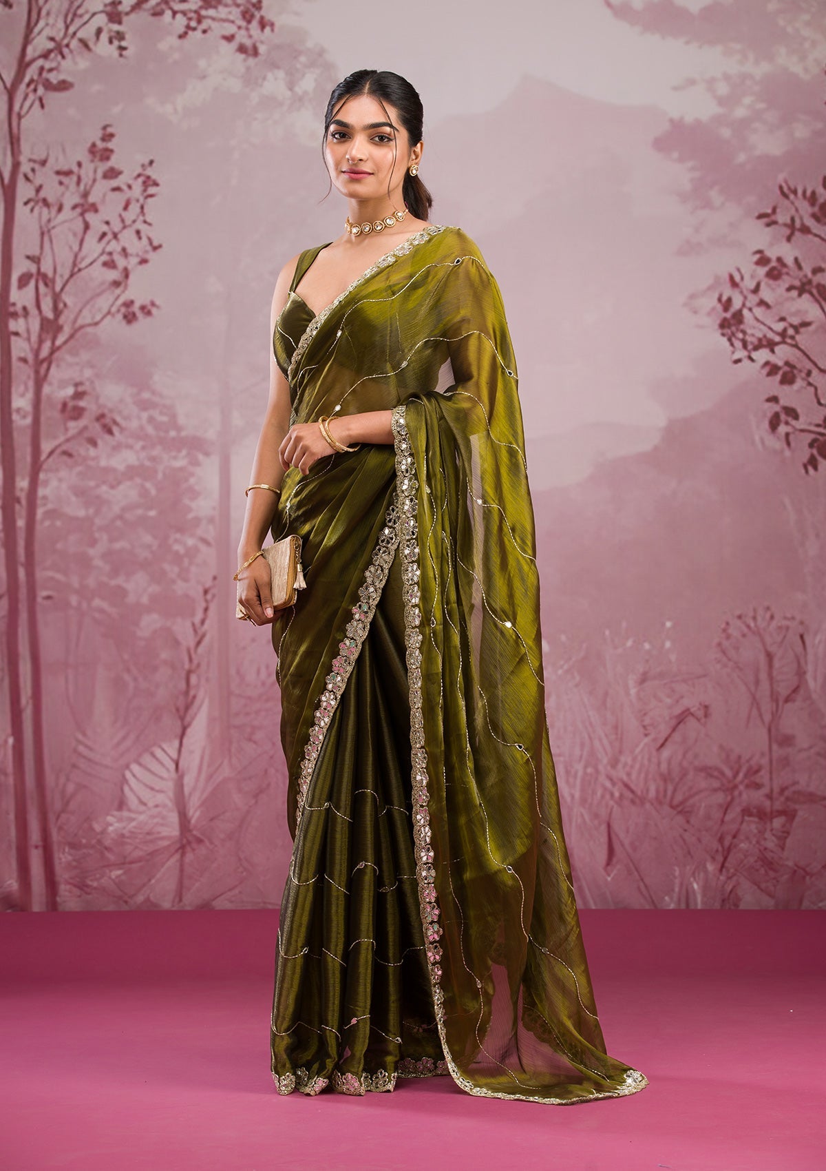 Mehendi Mirrorwork Organza Saree