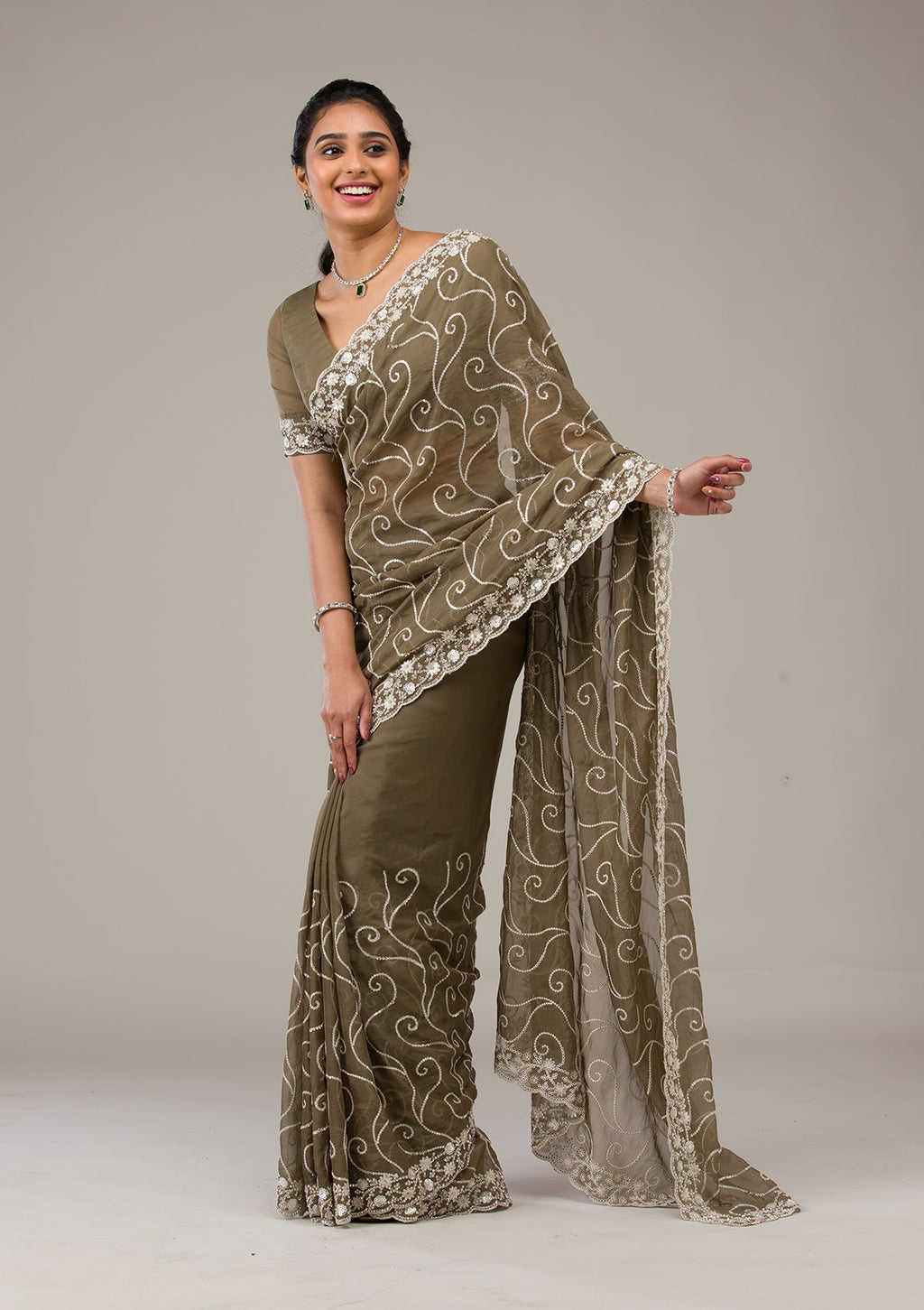 Mehendi Sequins Tissue Saree