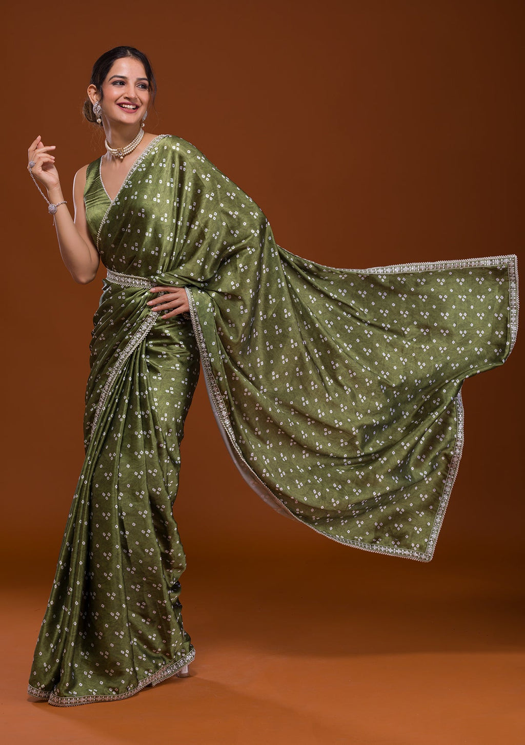 Mehendi Bandhani Satin Designer Saree