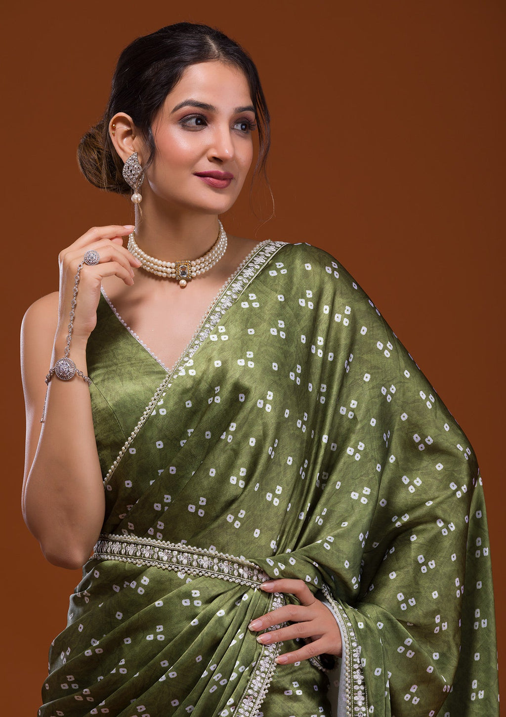 Mehendi Bandhani Satin Designer Saree