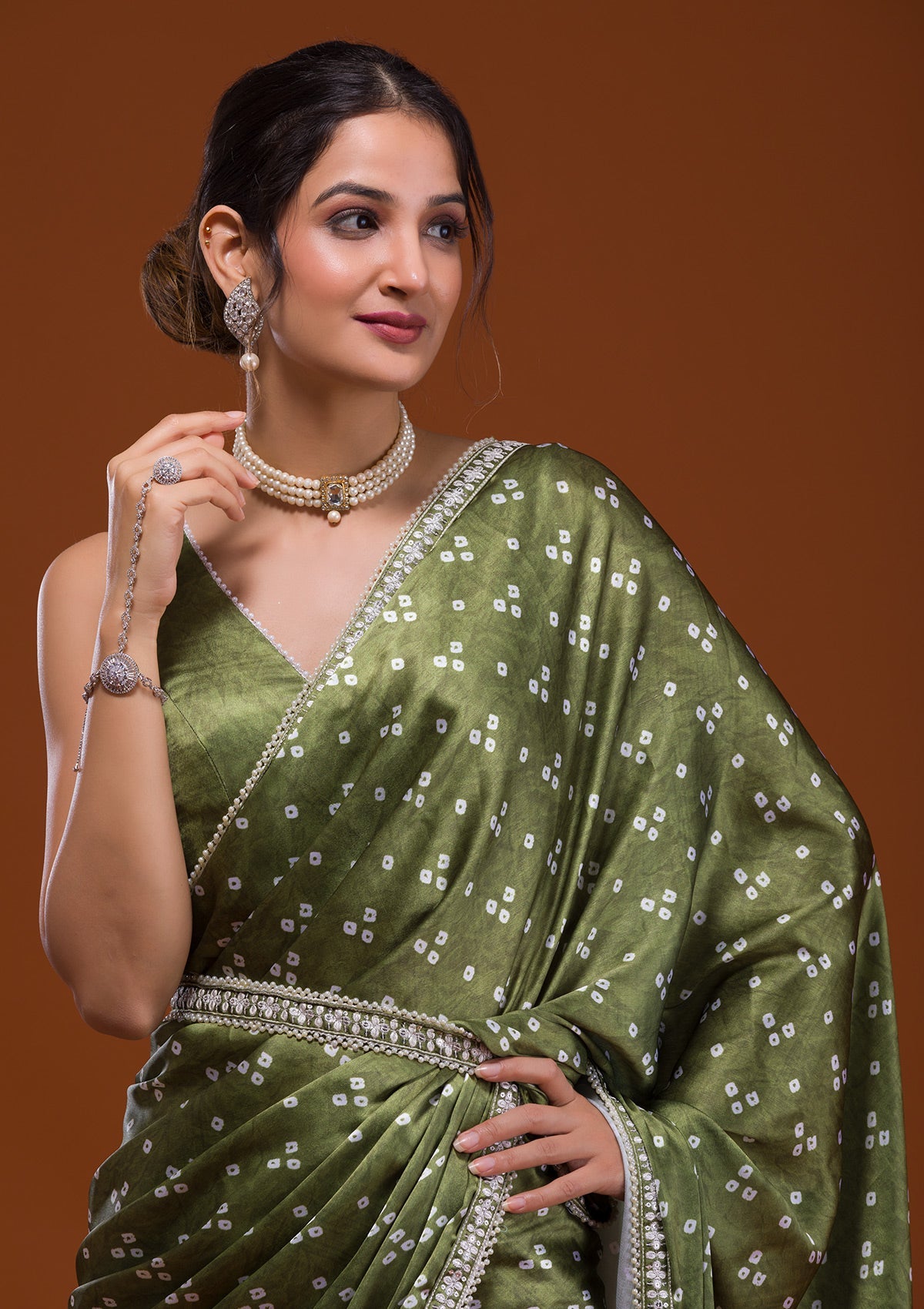 Mehendi Bandhani Satin Designer Saree