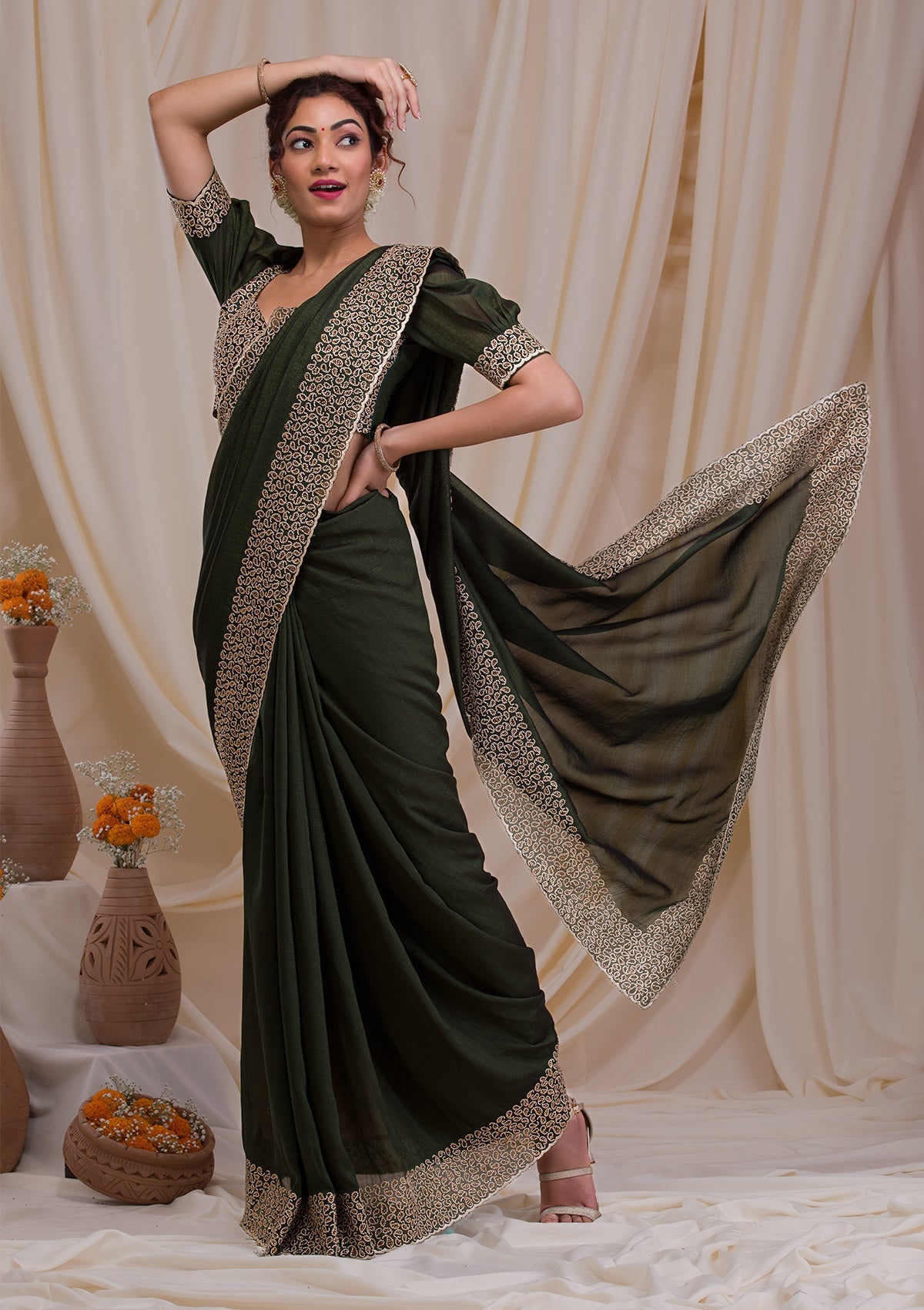 Mehendi Stonework Art Silk Saree