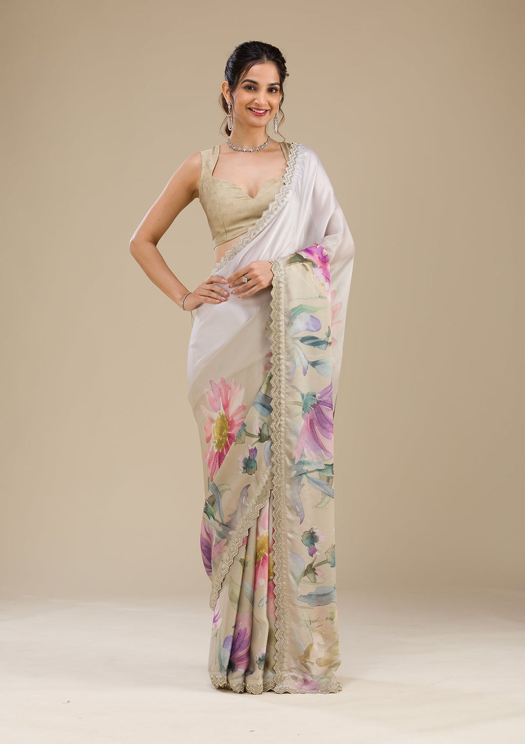 Cream Stonework Satin Saree