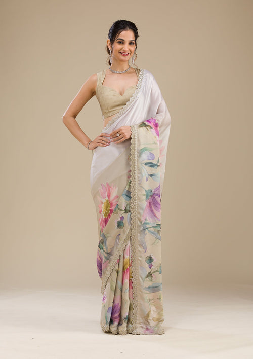 Cream Stonework Satin Saree