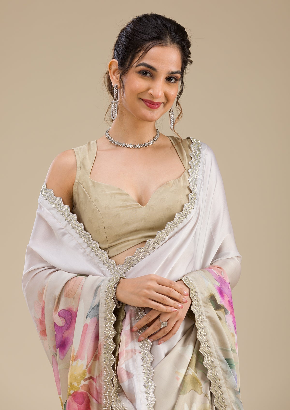 Cream Stonework Satin Saree