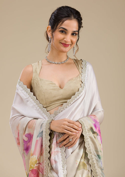 Cream Stonework Satin Saree