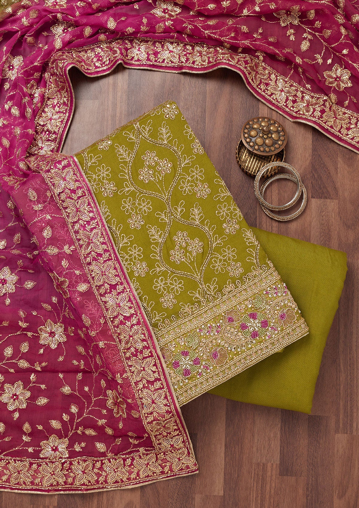 Mehendi Stonework Semi Crepe Unstitched Salwar Suit