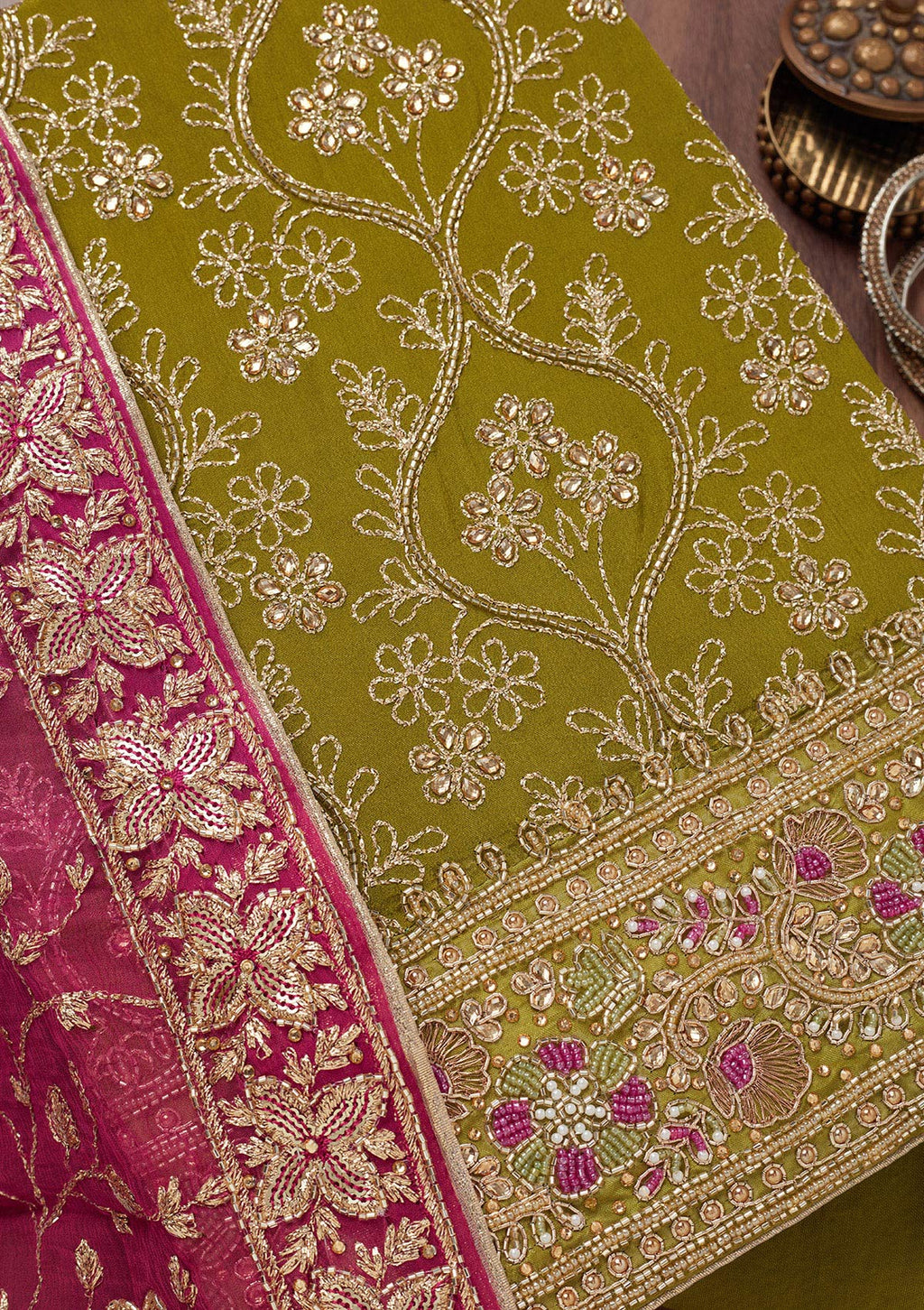 Mehendi Stonework Semi Crepe Unstitched Salwar Suit