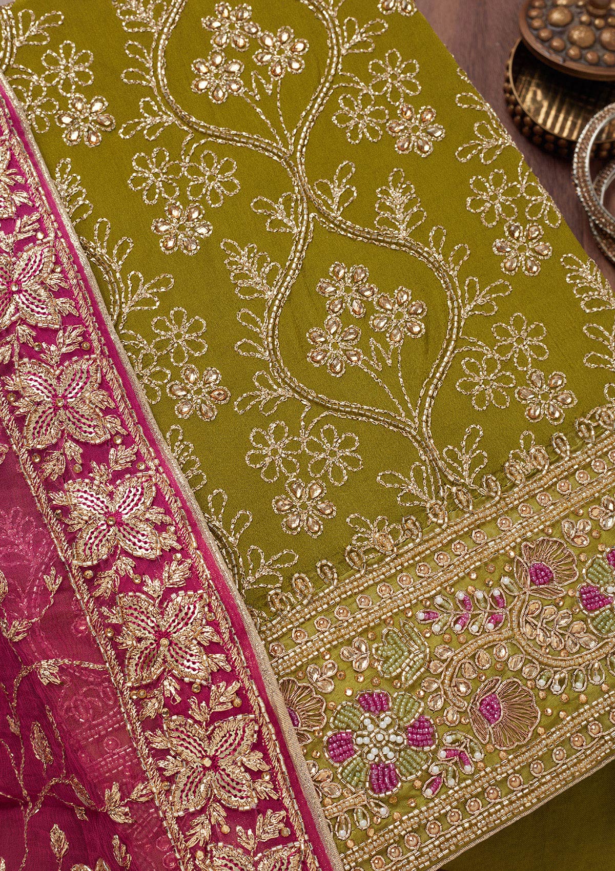 Mehendi Stonework Semi Crepe Unstitched Salwar Suit