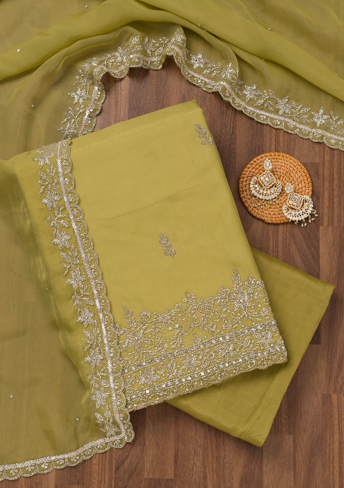 Mehendi Stonework Tissue Unstitched Salwar Suit