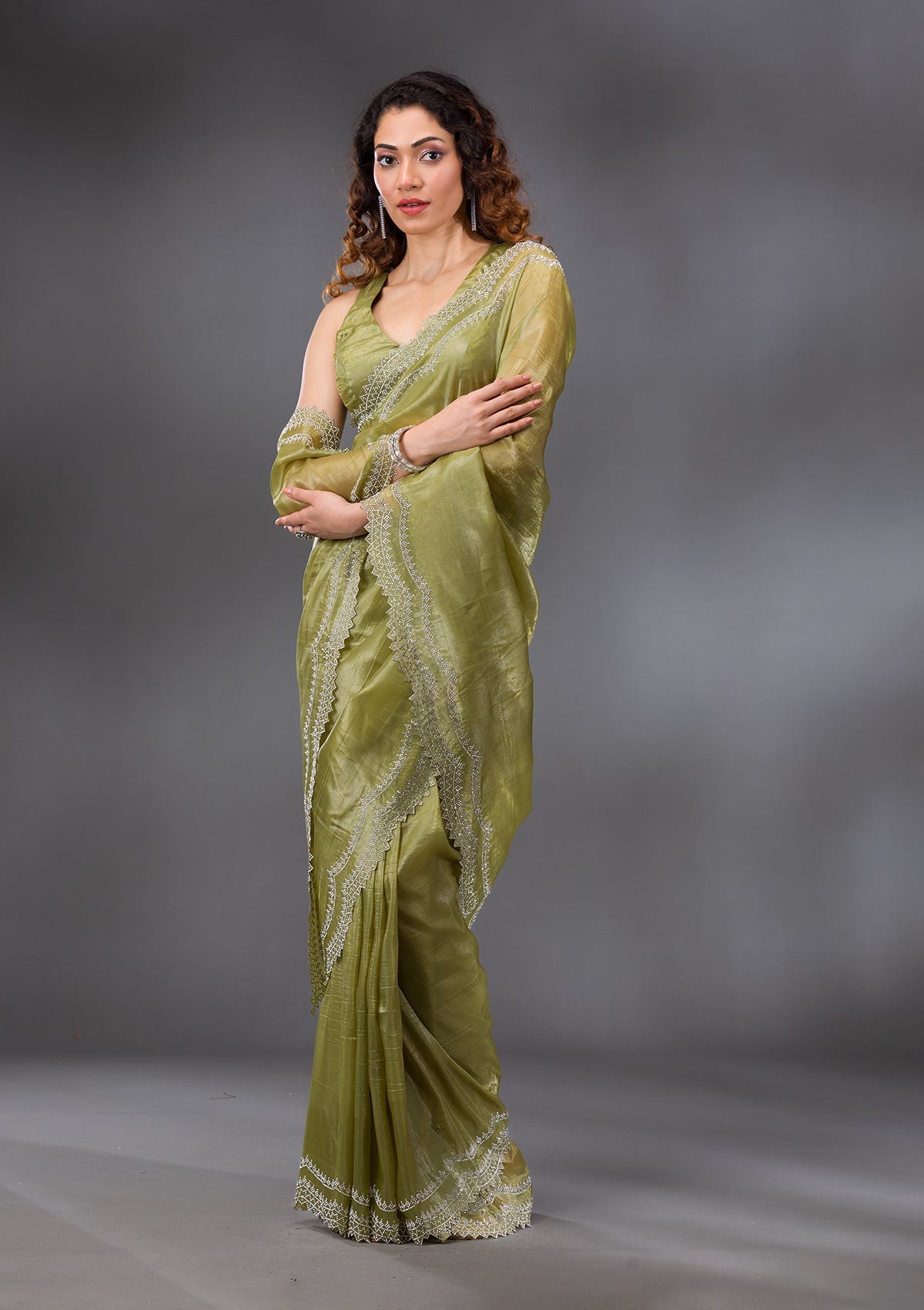 Mehendi Stonework Tissue Saree