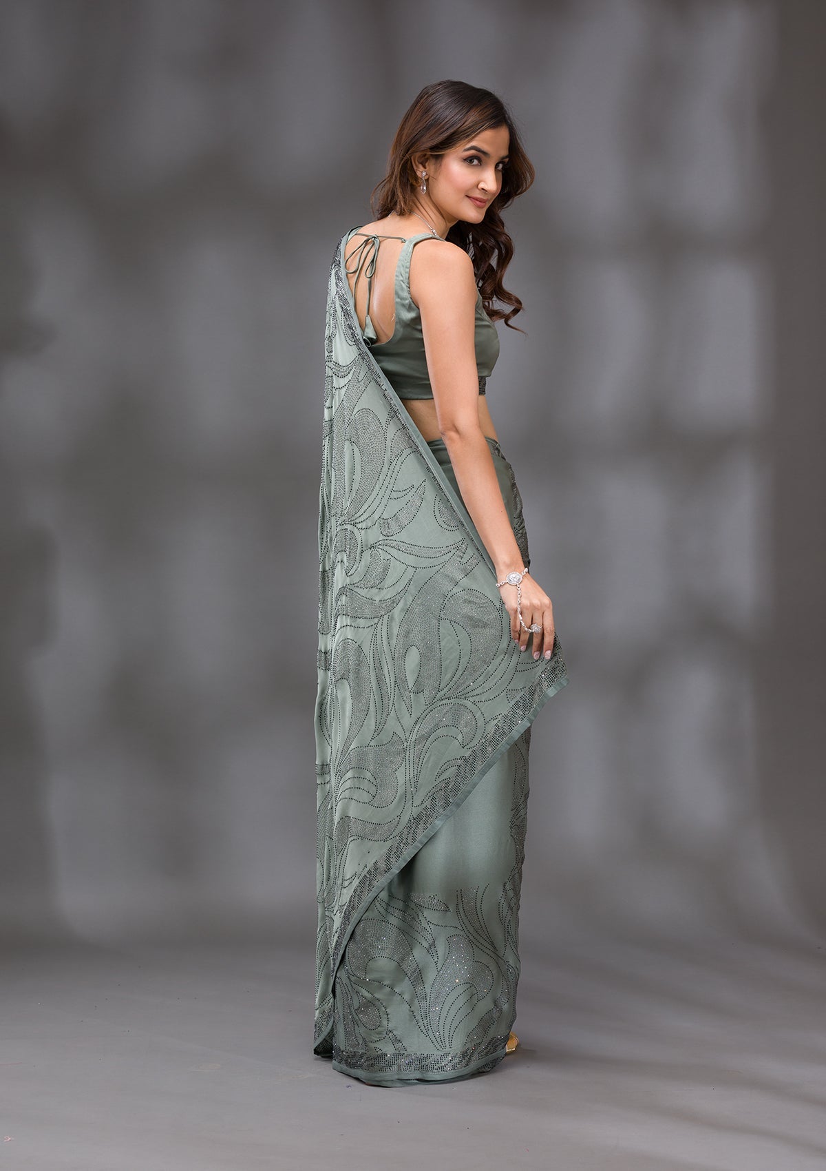 Mehendi Swarovski Satin Saree