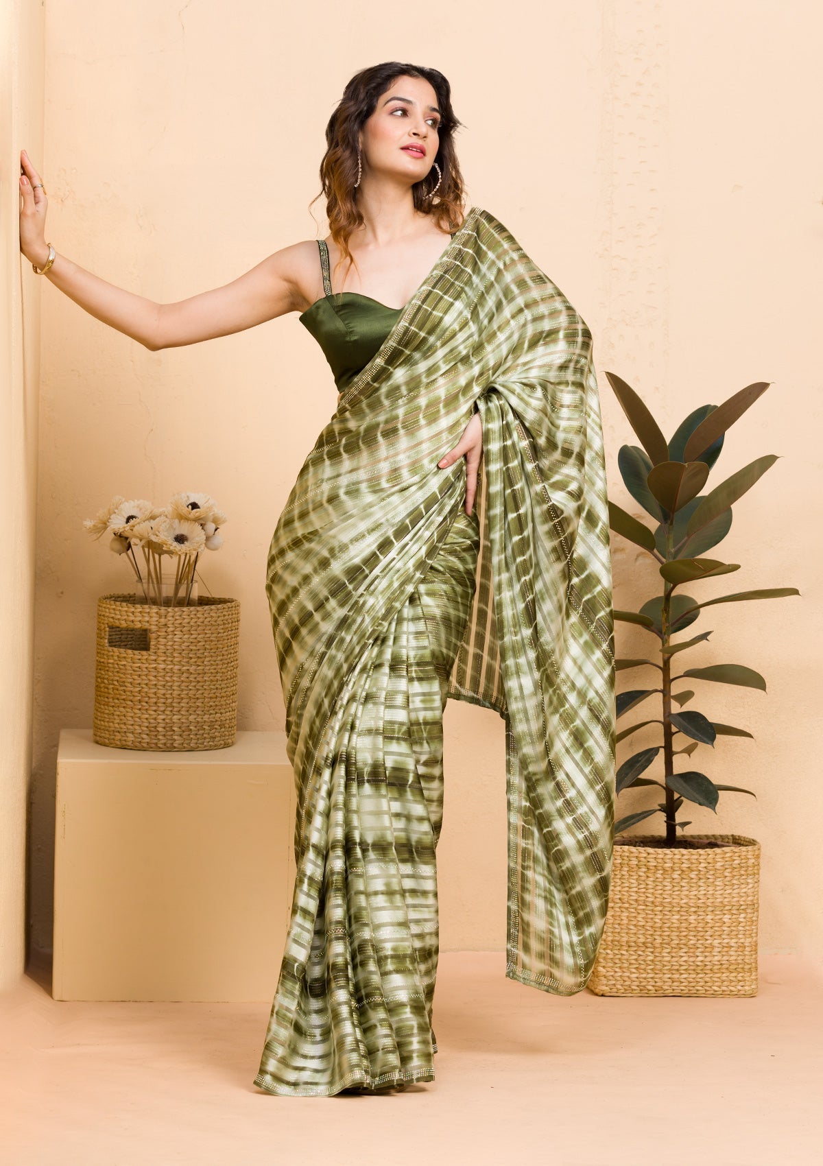Mehendi Swarovski Satin Saree