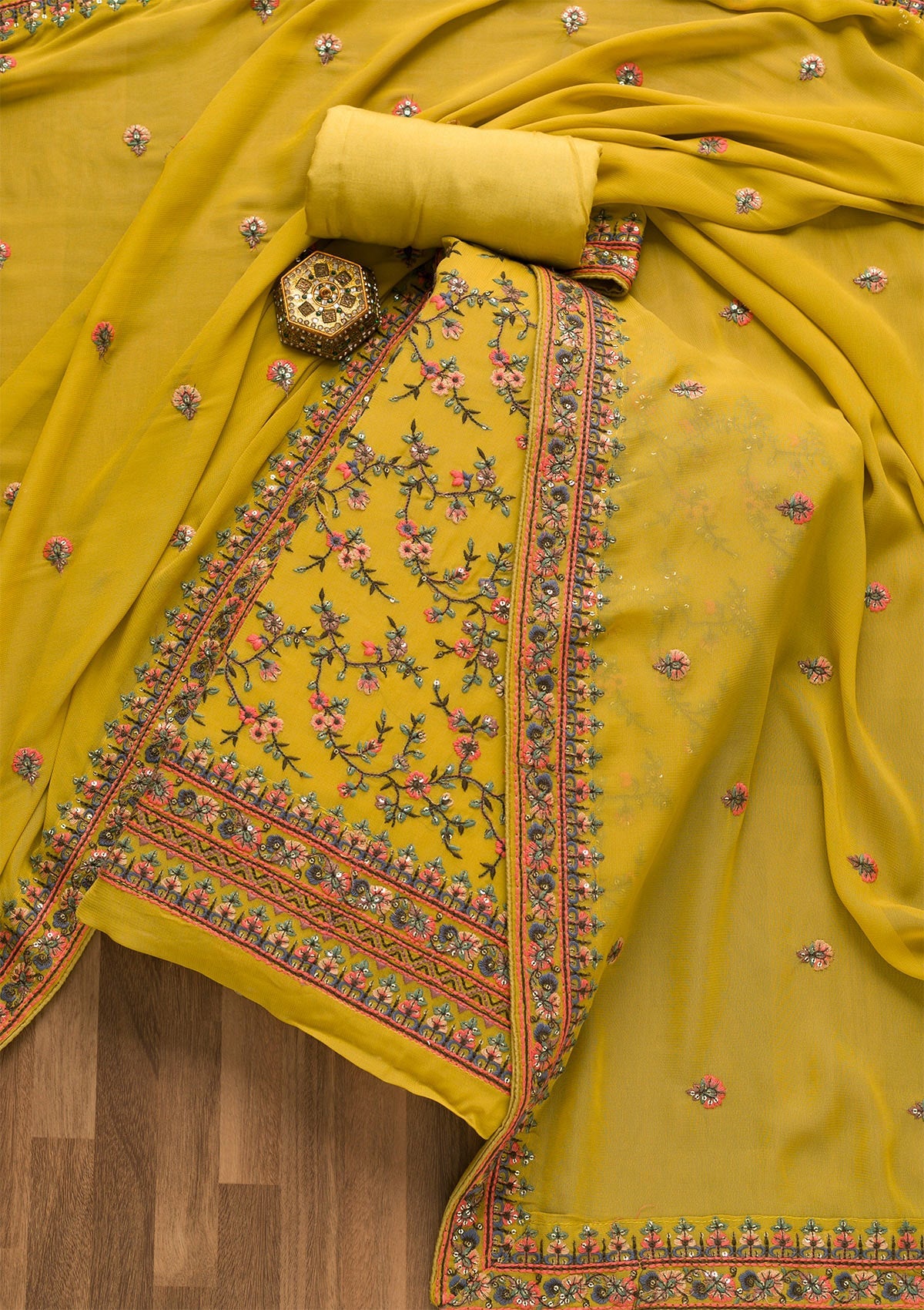 Mehendi Threadwork Georgette Unstitched Salwar Suit