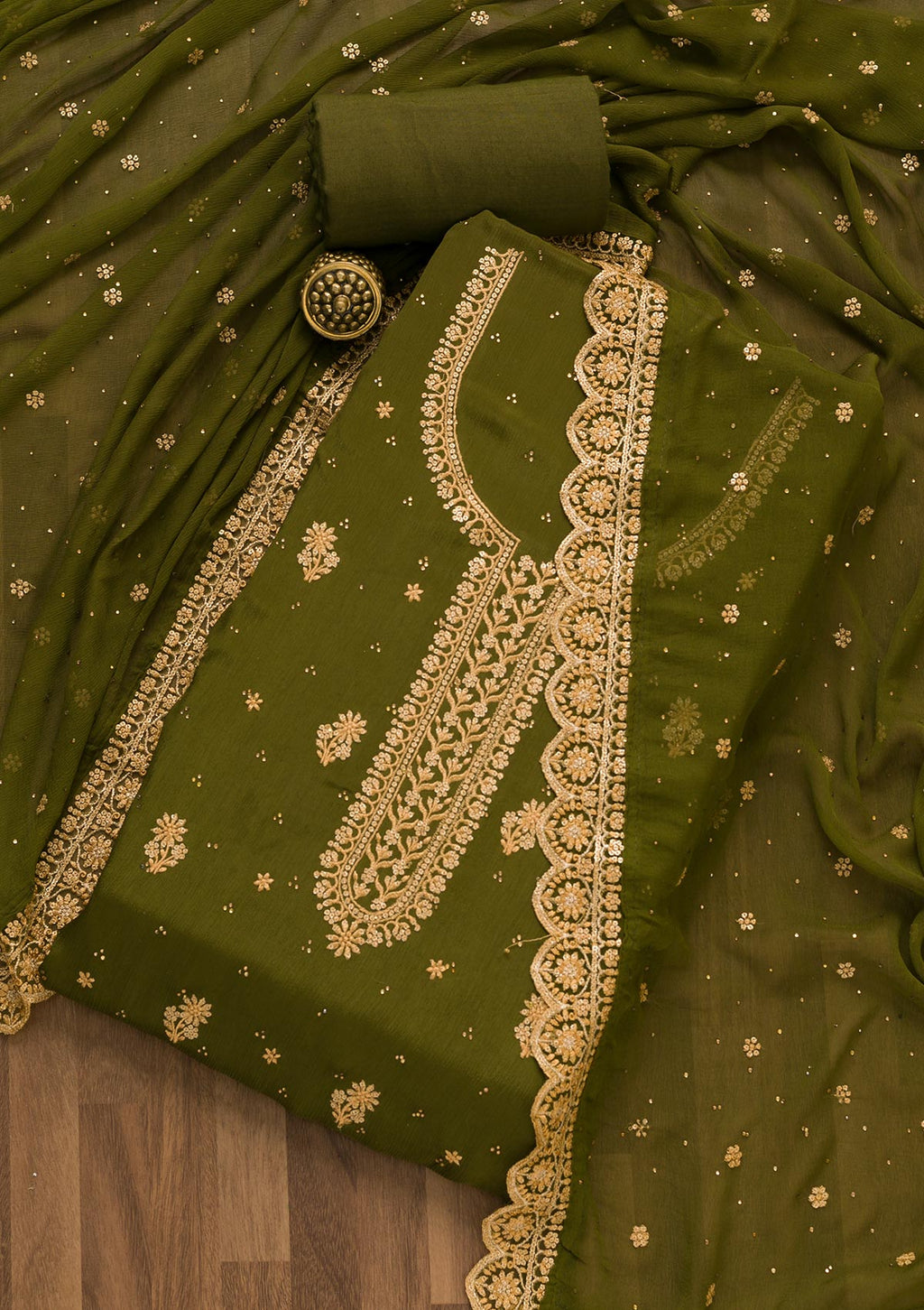 Mehendi Threadwork Semi Crepe Unstitched Salwar Suit