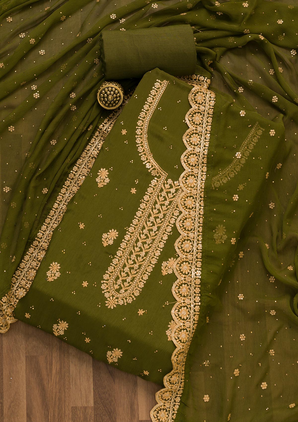 Mehendi Threadwork Semi Crepe Unstitched Salwar Suit