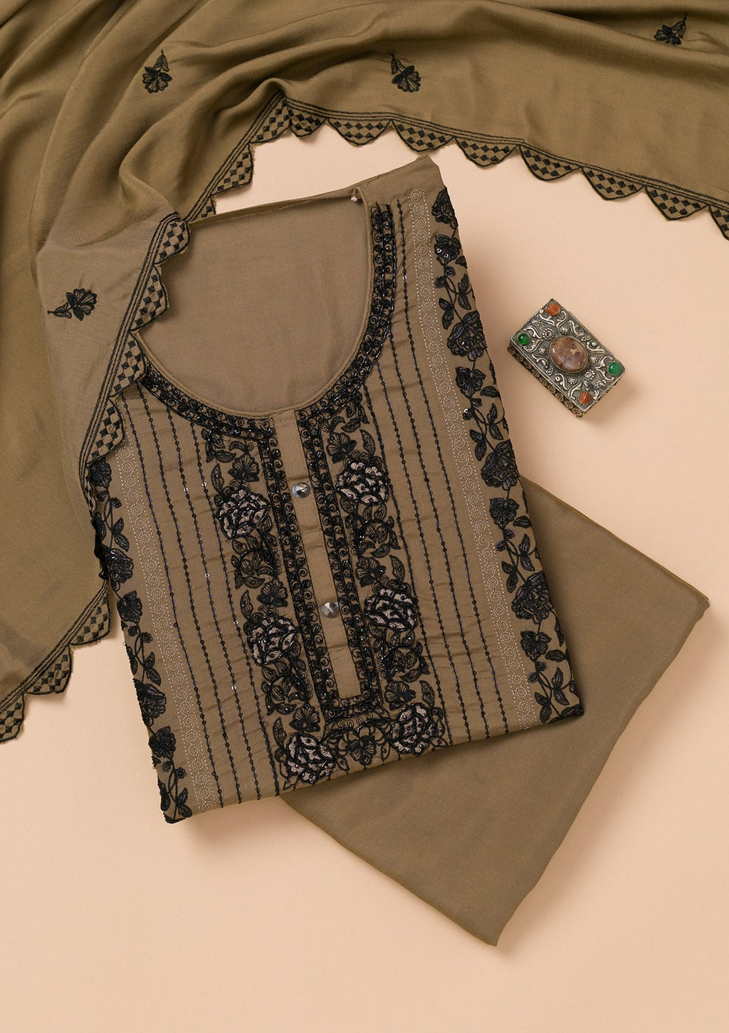 Brown Threadwork Semi Crepe Unstitched Salwar Suit