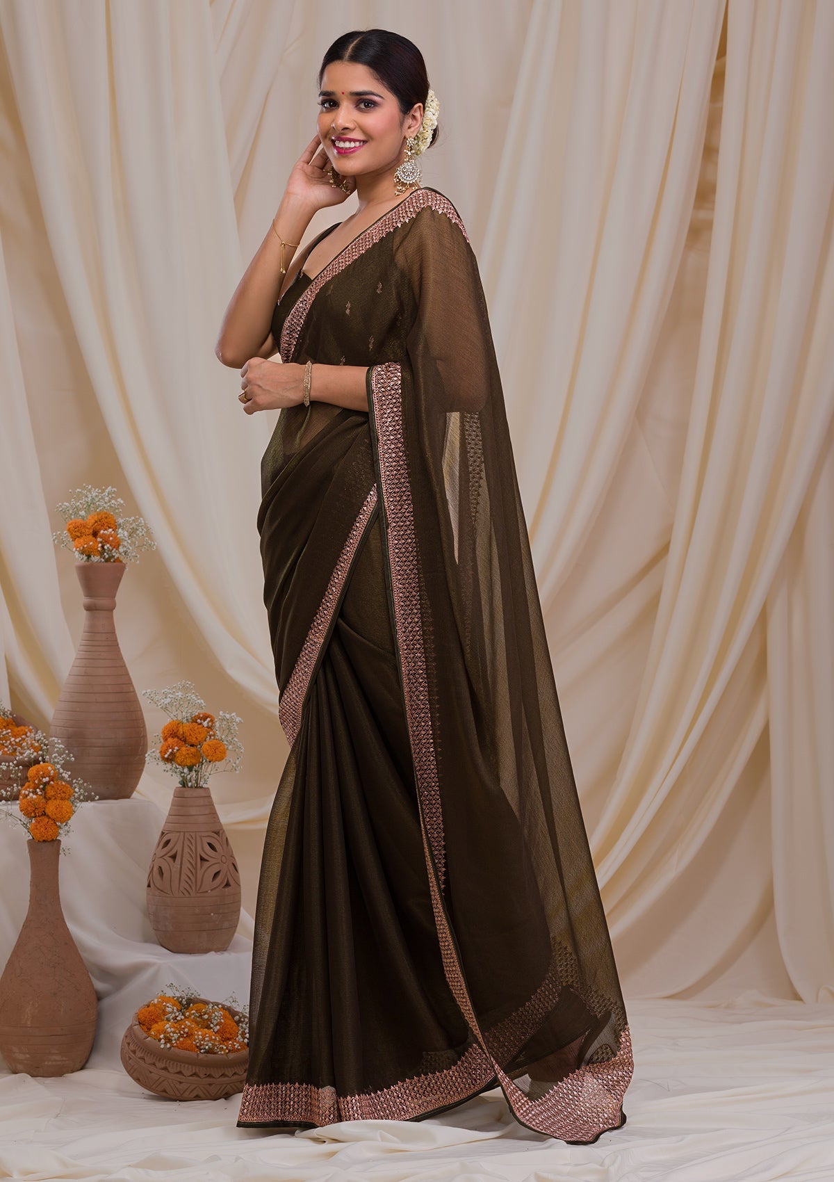 Mehendi Zardosi Semi Crepe Saree