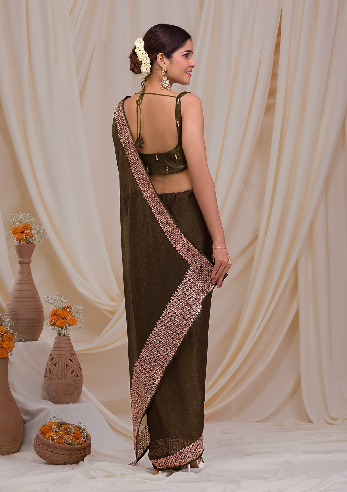 Mehendi Zardosi Semi Crepe Saree