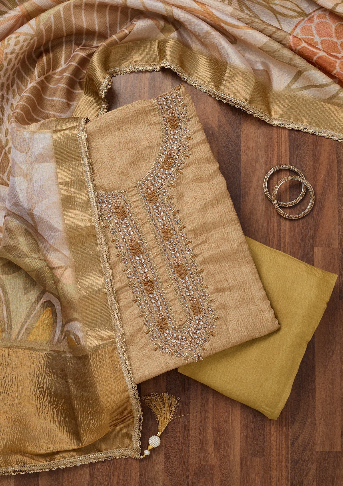 Mehendi Zariwork Art Silk Unstitched Salwar Suit