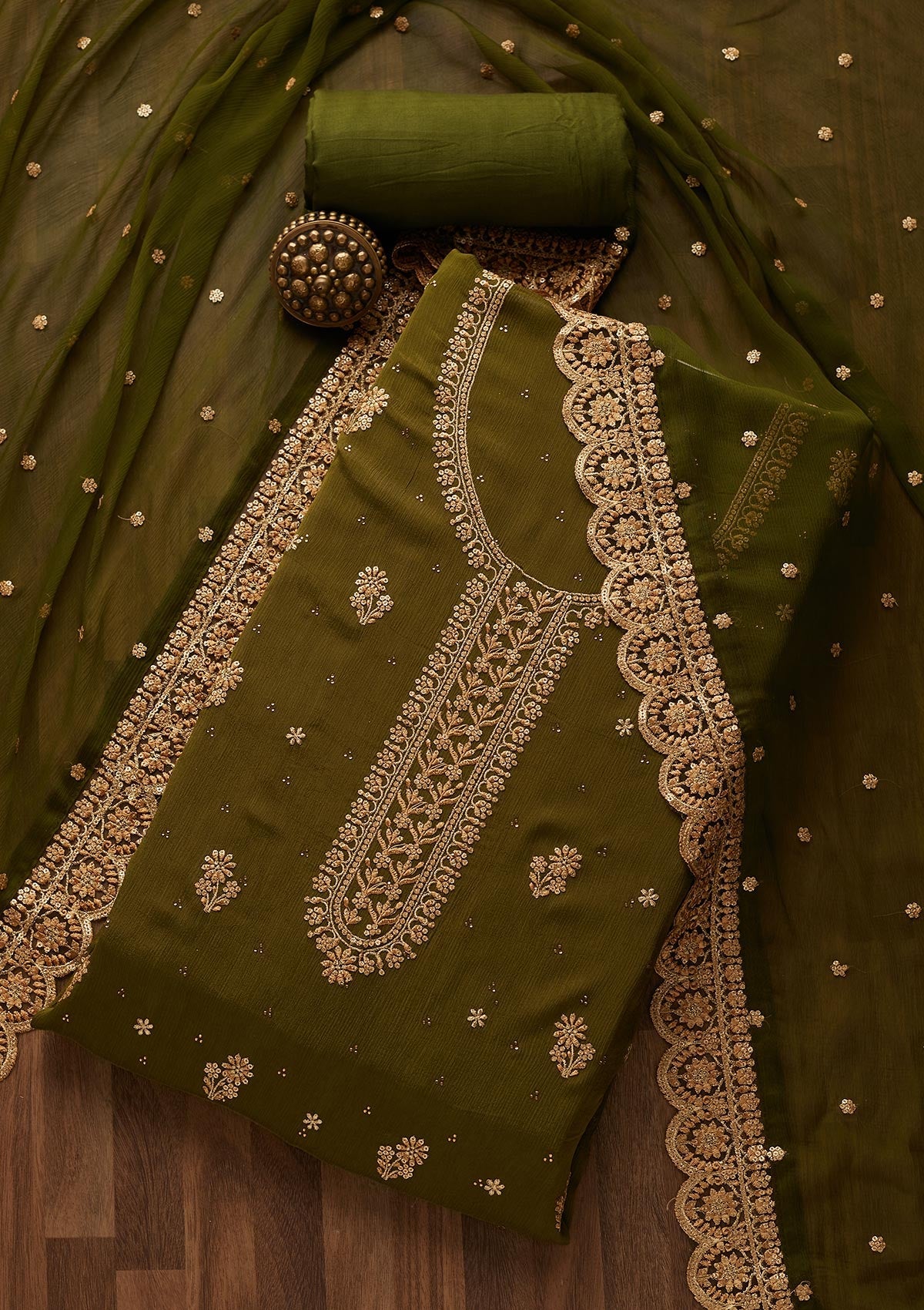 Mehendi Zariwork Chiffon Unstitched Salwar Suit