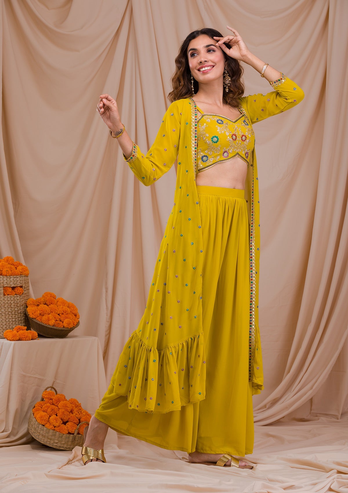 Mehendi Zariwork Georgette Readymade Sharara Suit