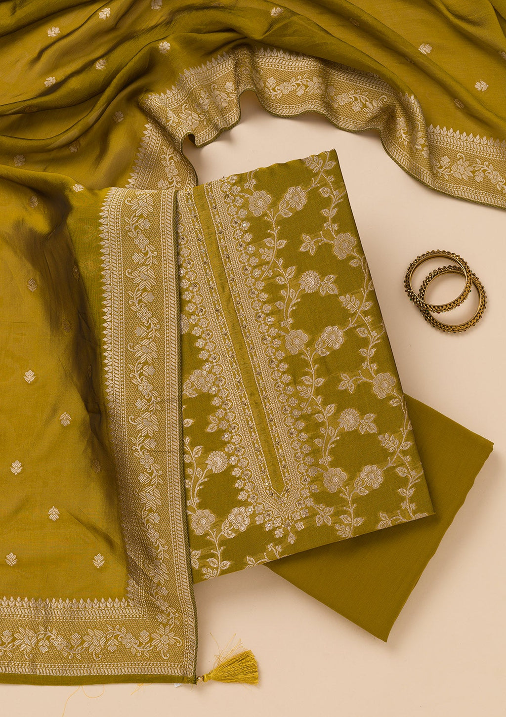 Mehendi Zariwork Satin Unstitched Salwar Suit