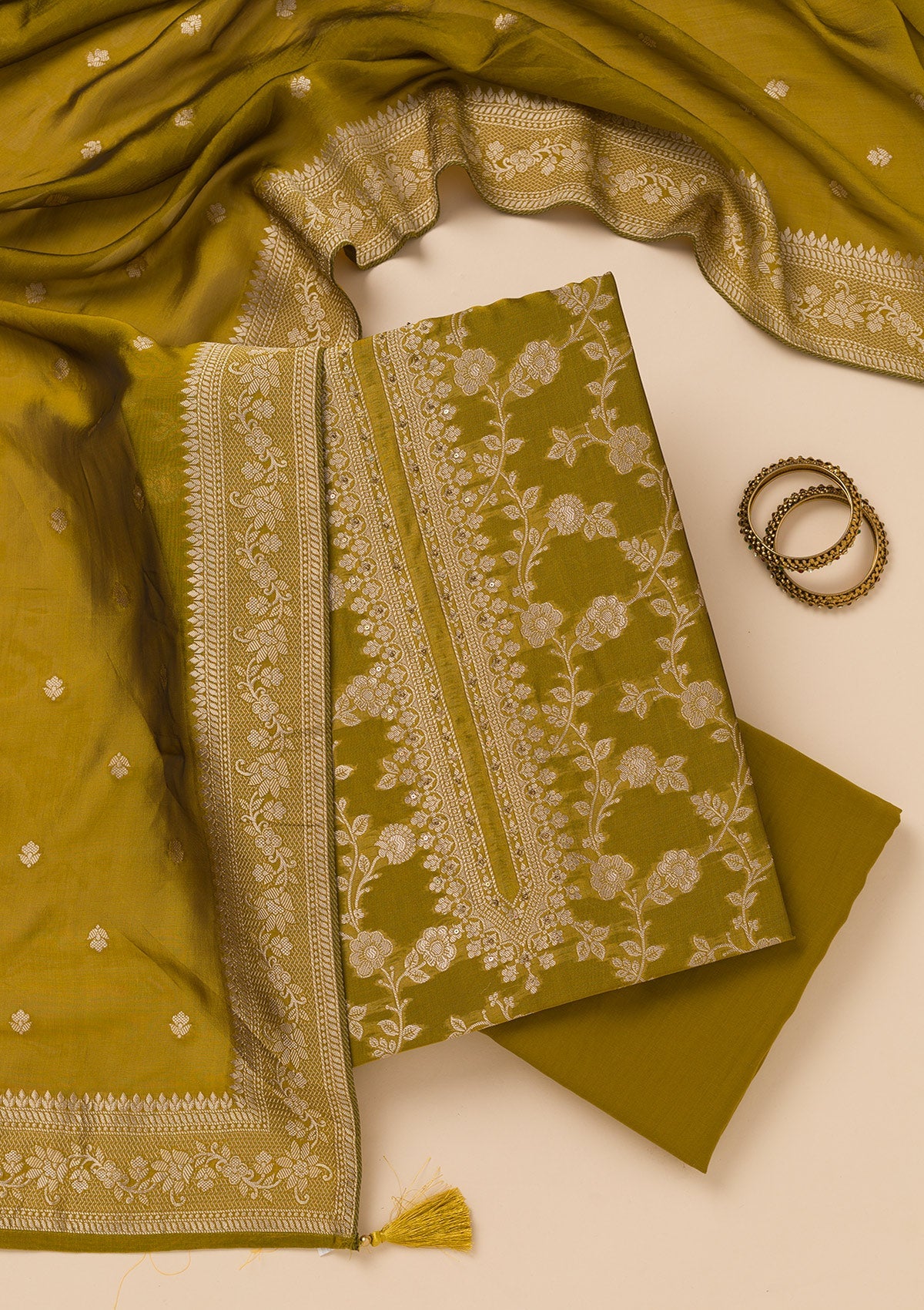 Mehendi Zariwork Satin Unstitched Salwar Suit