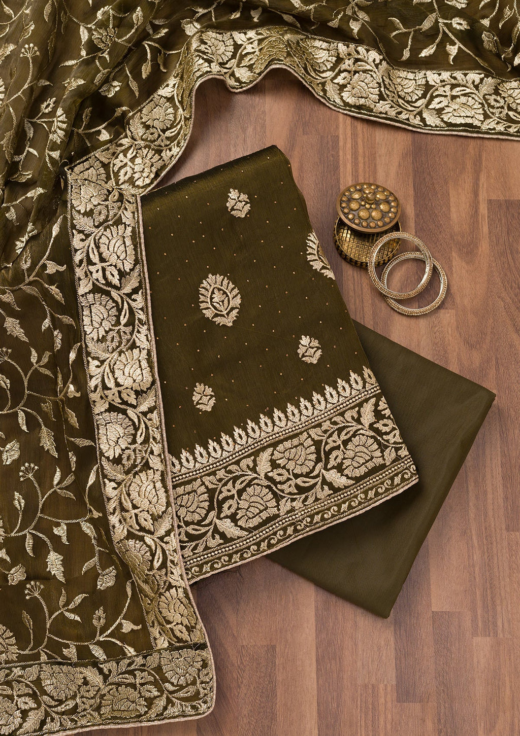 Mehendi Zariwork Semi Crepe Unstitched Salwar Suit