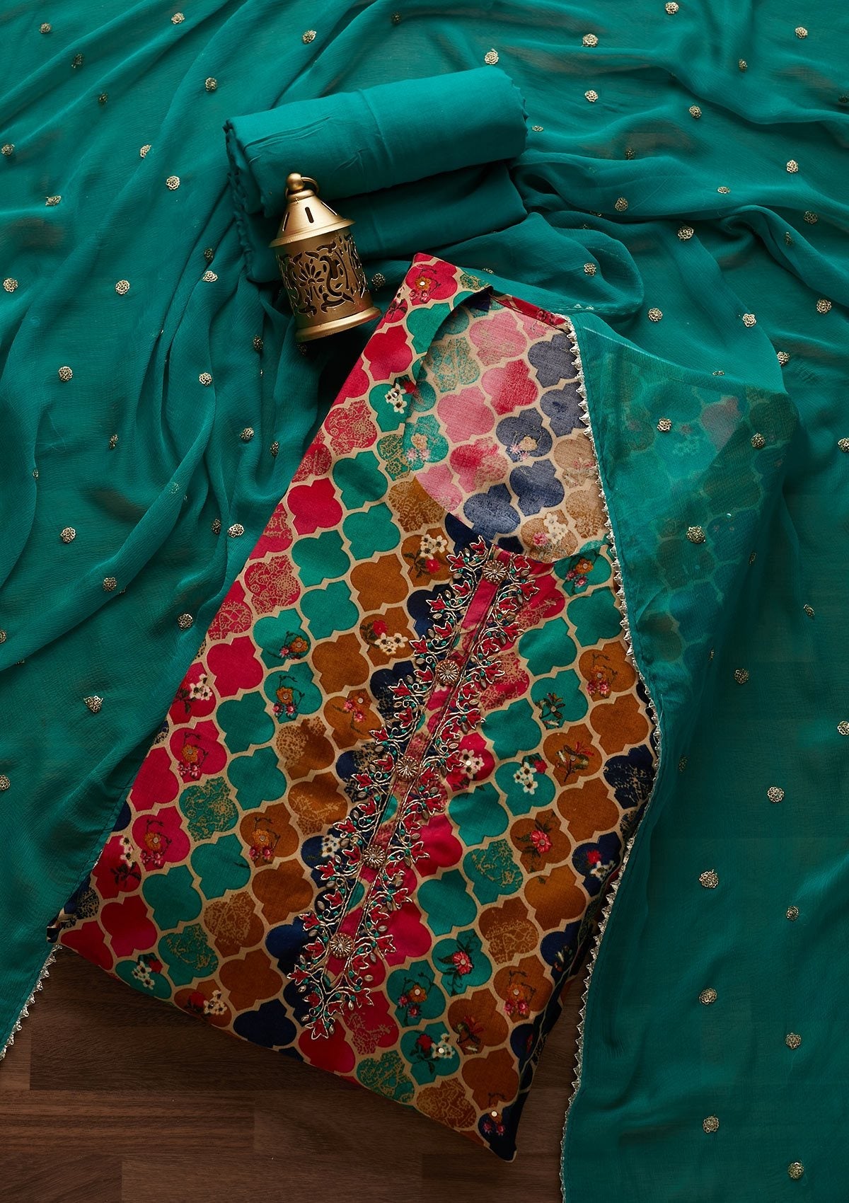 Multi Threadwork Semi Crepe Unstitched Salwar Suit