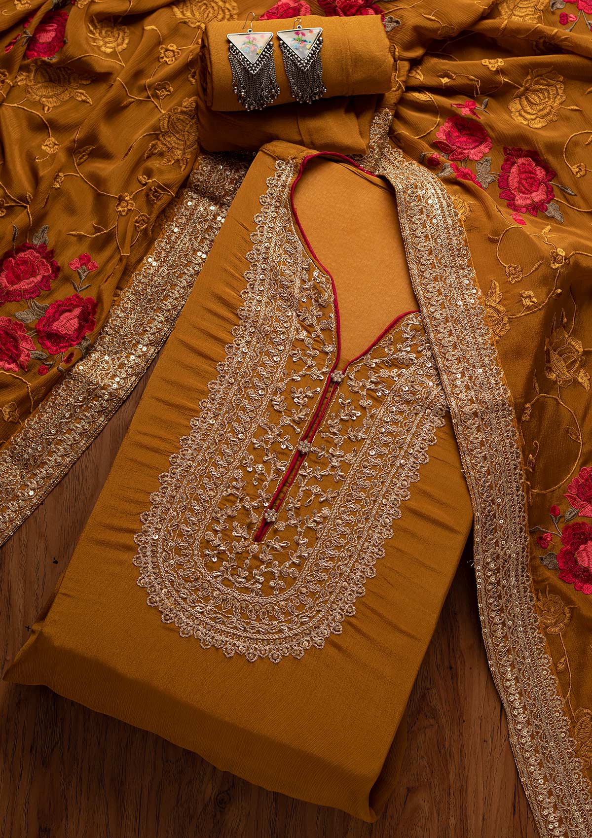 Mustard Cutdana Semi Crepe Semi-Stitched Salwar Suit