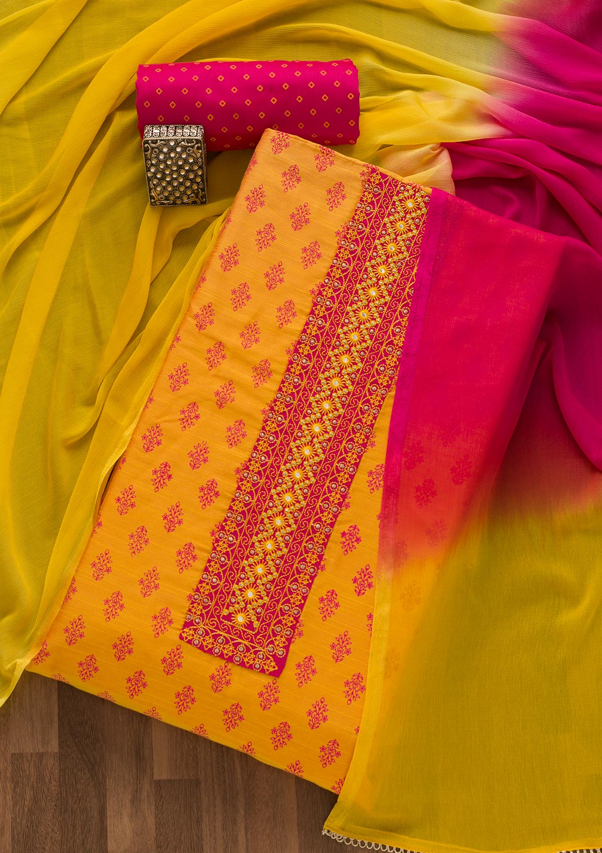 Mustard Printed Chanderi Unstitched Salwar Suit